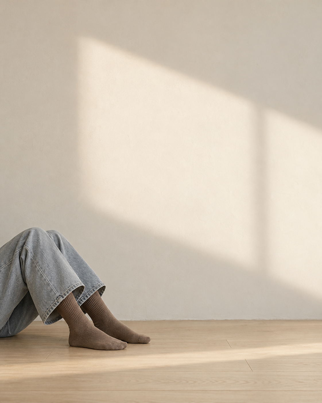Sitting on a pale oak floor in light denim and Caribou crew socks, window light on the wall