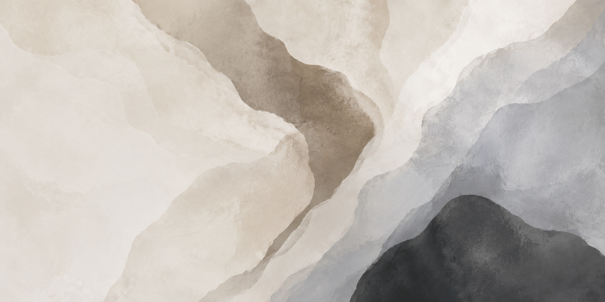 Ink-wash landscape in warm beige on the left and cool grey on the right, the two palettes of Everyday Crew
